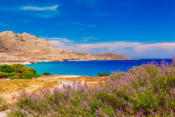 Sea skyview landscape photo near Agia Agathi beach and Feraklos castle on Rhodes island,...