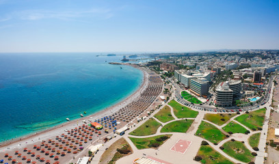 Aerial birds eye view drone photo of Elli beach on Rhodes city island, Dodecanese, Greece. Panorama...
