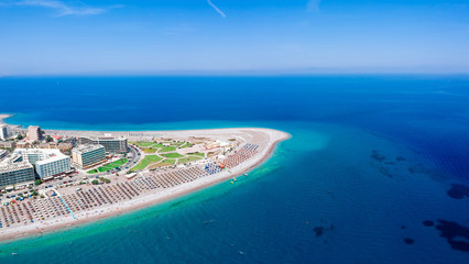 Aerial birds eye view drone photo of Elli beach on Rhodes city island, Dodecanese, Greece. Panorama...