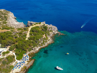 Aerial birds eye view drone photo Ladiko bay near Anthony Quinn on Rhodes island, Dodecanese,...