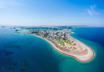 Aerial birds eye view drone photo of Elli beach on Rhodes city island, Dodecanese, Greece. Panorama...