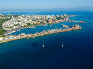 Aerial birds eye view drone photo of Rhodes city island, Dodecanese, Greece. Panorama with Mandraki...