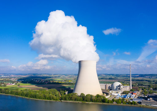 Isar Nuclear Power Plant, Niederaichbach Reservoir, Near Landshut, Bavaria, Germany, Drone Shot