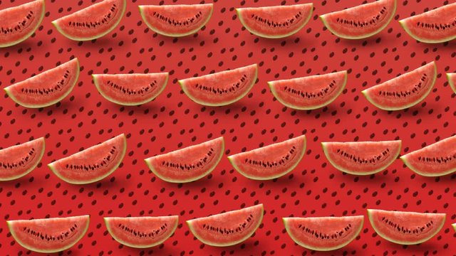 Colorful fruit pattern of fresh watermelon slice on red background. 4k video.