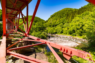 日本の渓谷と赤い橋