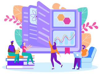 Distance Learning Students Studying Book. Vector.