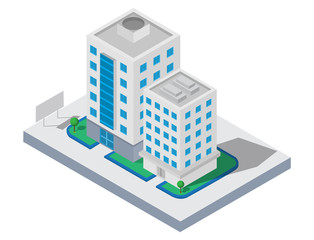 Isometric Building vector. Two building on Yard with road and trees.building 3d , smart city,Vector office and town apartment concept.
