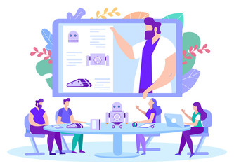 Man Teaches Lesson in Robotics Online. Vector.