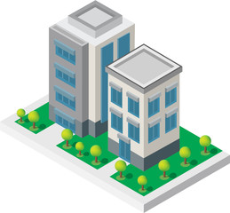 Isometric Building vector. Two building on Yard with road and trees.building 3d , smart city,Vector office and town apartment concept.