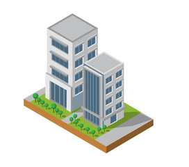 Isometric Building vector. Two building on Yard with road and trees.building 3d , smart city,Vector office and town apartment concept.