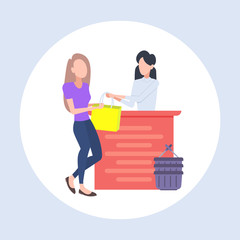 woman customer buying new handbag at cash desk counter fashion shop cloth store female shopping mall flat
