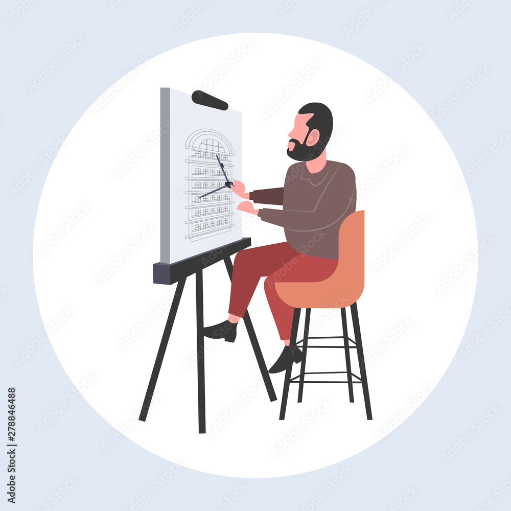 Poster man architect using compass engineer drafting house