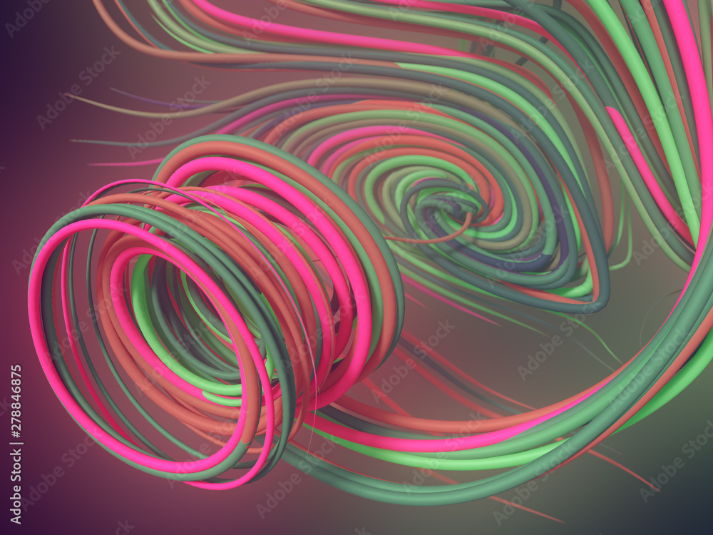 Poster Interlacing abstract pink and green colored curves. Computer generated geometric pattern. 3D rendering