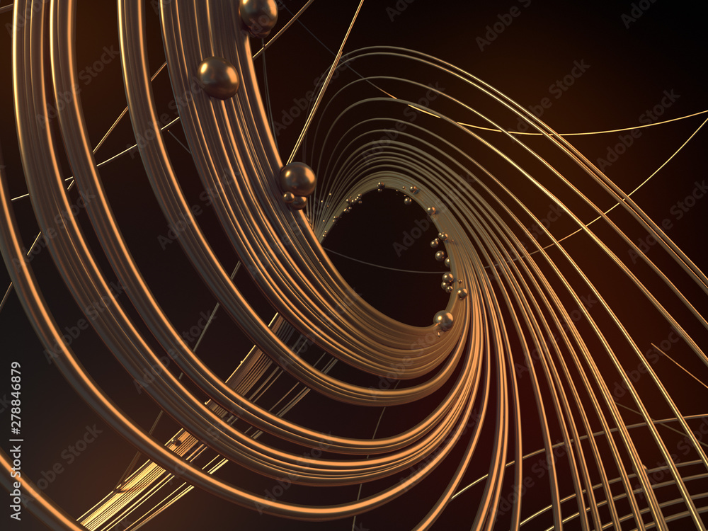Poster abstract 3d rendering gold jewelry with shiny shapes beads on a dark background