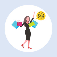 woman with colorful paper bags purchases girl trying to catch a taxi speech bubble big sale shopping concept flat full length