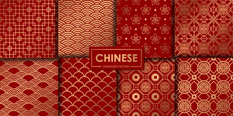 Schilderijen op glas Gouden chinese naadloze patrooncollectie, abstracte achtergrond, decoratief behang. © Pattern Paper Print