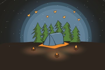Illustration of camping tent in pine forest in the night winter