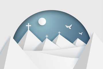 Christian religious design for the celebration of the Savior's Easter cross with the sunrise scene. Is a cut paper art. Vector