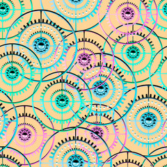 Seamless pattern of multi-colored metal gears with pearls on beige background. Steampunk style. 3D illustration