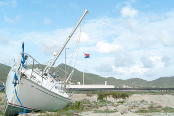 Damage sunken boat on simpson bay lagoon Sint maarten. The boat was sunk after hurricane Irma hit the island in 2017.