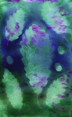 Abstract hand painted fabric purple green background with oak leaves