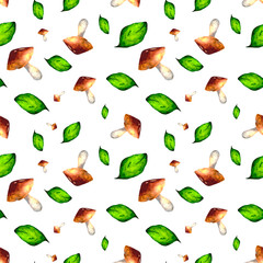 Seamless background with juicy green leaves and mushrooms. Watercolor background for textiles, Wallpaper, packaging or design illustrations on the theme of beauty and simplicity of nature.