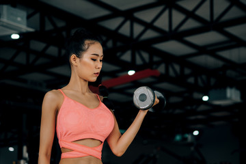 sport woman at fitness gym club doing exercise for arms with dumbbells and showing muscle bodybuilding, fitness concept, sport concept