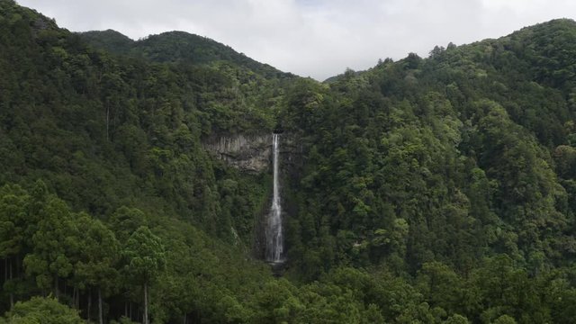 Drone shot of Nachi Taisha waterfall, the biggest of Japan, on the Kumano dodo trail