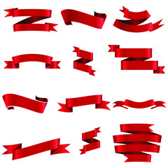 Red Ribbon Set InIsolated White Background, Vector Illustration