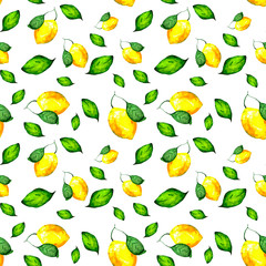 Seamless background with juicy lemons and green leaves.  Bright illustration for textiles, packaging, Wallpapers and original backgrounds on nature theme.