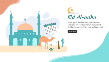 happy eid al adha mubarak greeting concept with camel character. animal sacrifice for qurban with islamic calender and mosque. web landing page template, banner, presentation, social, and print media