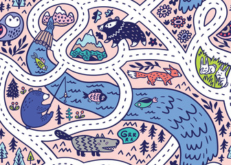 Seamless pattern of forest landscape map with roads, wild animals, river and mountain. Vector illustration.