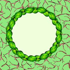 Organic frame with fresh green leaves and tree branches. Watercolor composition with space for text for greeting cards and invitations.