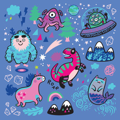 Magic animals set in cartoon comics style. Vector illustration