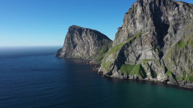 aerial view on the Ryten peak from Kvalvika beach. Norway.Moskensoya