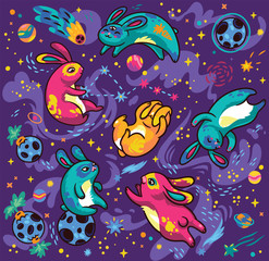 Set of flying bunnies, comets and stars. Vector illustration