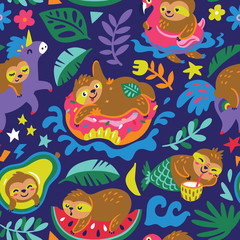 Fototapeta na wymiar Seamless pattern with cartoon sloths enjoy summer day in the water. Vector illustration