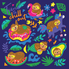 Fototapeta na wymiar Time to chill out. Vector cartoon set with sloths characters relax in summer holidays