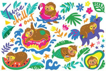 Time to chill out. Vector cartoon set with sloths characters relax in summer holidays