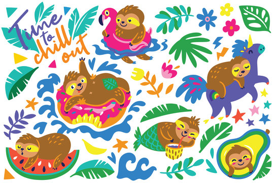 Time to chill out. Vector cartoon set with sloths characters relax in summer holidays