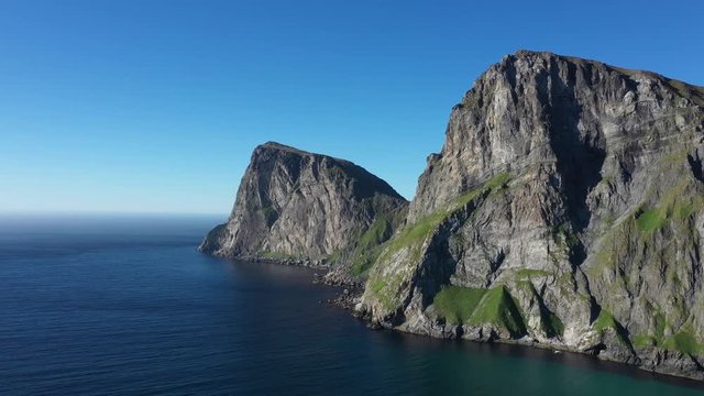 aerial view on the Ryten peak from Kvalvika beach. Norway.Moskensoya
