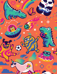Seamless pattern with cute kawaii animals and monsters in the galaxy