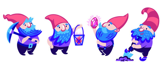 Gnomes cartoon characters with a pick, lantern, crystal, shovel. Vector illustration