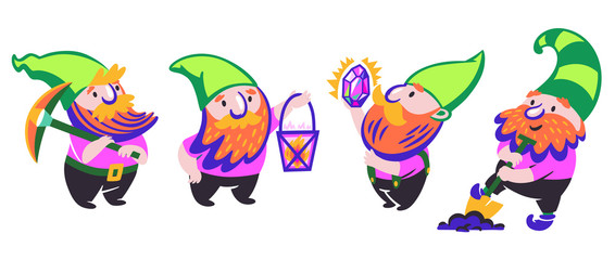 Gnomes cartoon characters with a pick, lantern, crystal, shovel. Vector illustration