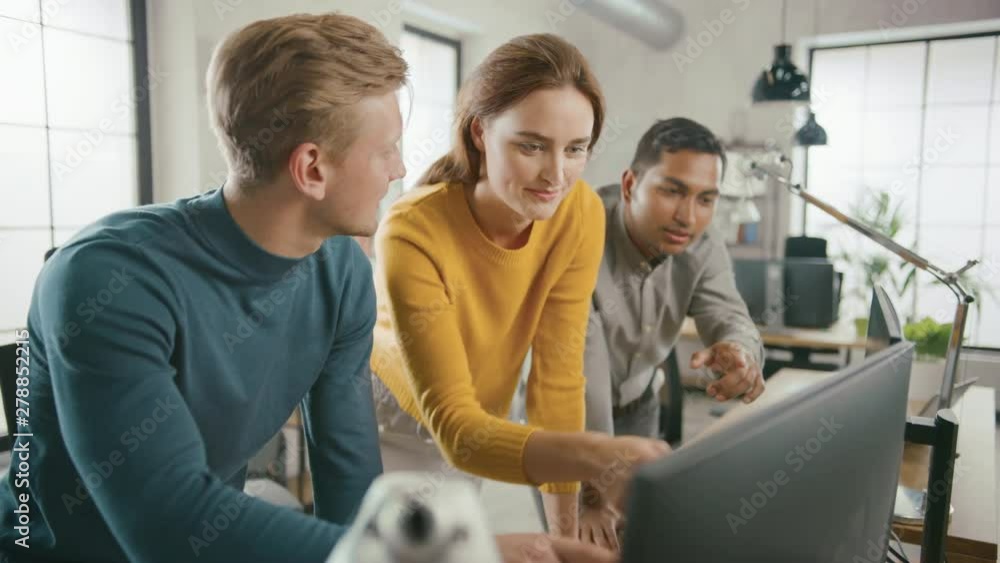 Poster in the office: three diverse start-up entrepreneurs have meeting and discussion about the project. l