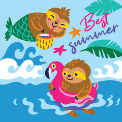 Best summer vector card with a happy characters sloths