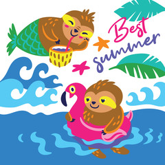 Obraz na płótnie Canvas Best summer vector card with a happy characters sloths