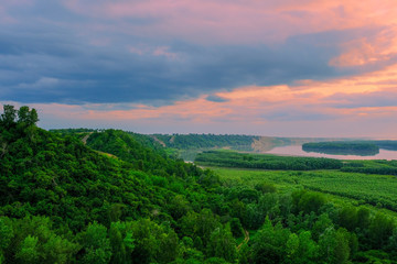 Fototapeta premium view from the hill to the river and island in the river,landscape