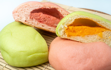 Japanese Snack - Colorful Melon Pan on rattan mat
