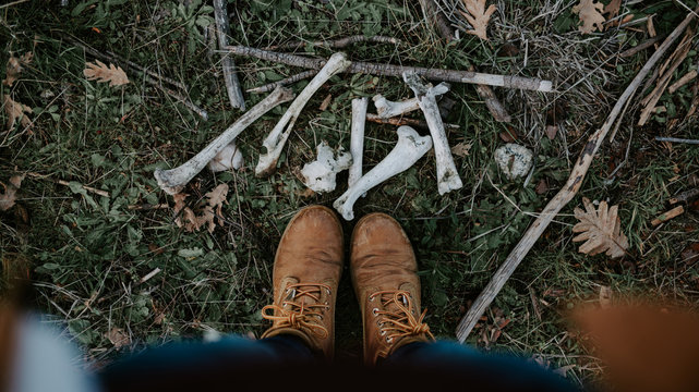 From above crop legs in brown boots and white gnawed bones spread on green grass outdoors